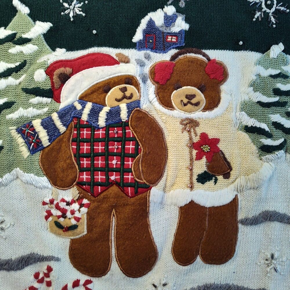 VTG Arriviste Lg Holiday Christmas Beaded Green Cottagecore Ugly Sweater Grandma